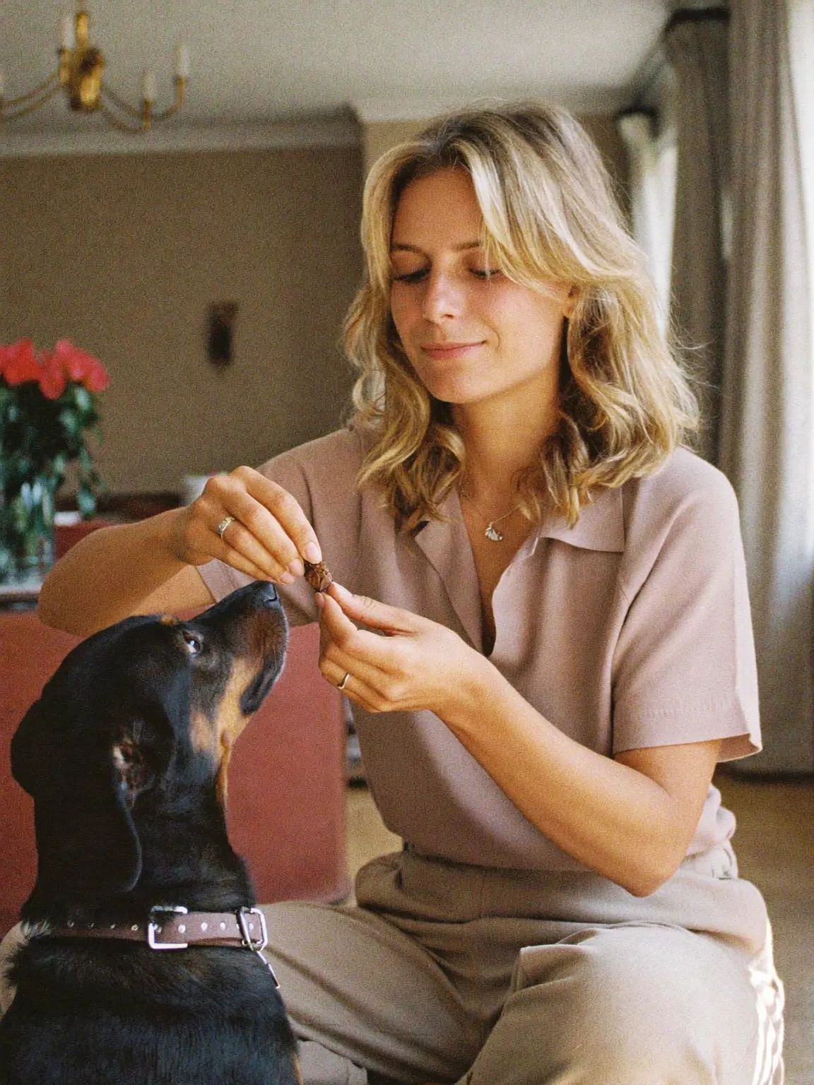 A woman kneels at home, offering a treat to her attentive black-and-tan dog.