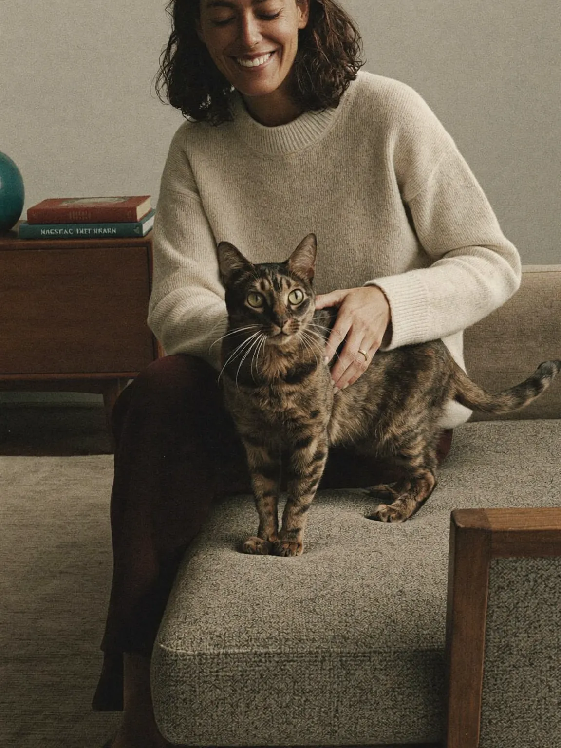 A woman sits on a sofa arm, gently stroking a tabby cat resting beside her.