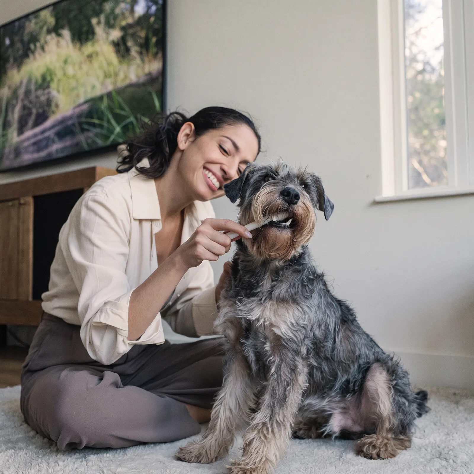 A woman sits on a living-room rug, laughing as she cuddles her wire-haired terrier.
