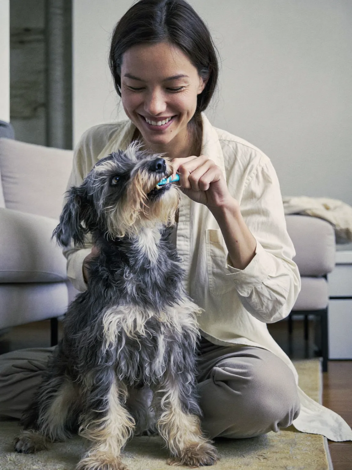 A smiling owner brushes her schnauzer's teeth as he sits calmly on the rug.