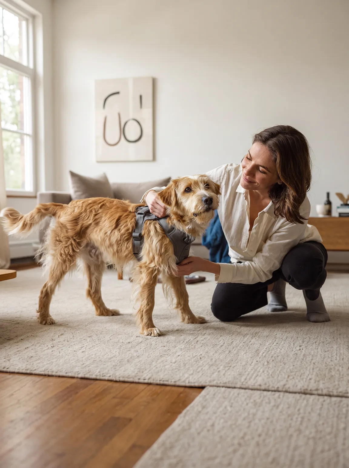 An owner crouches on a living-room rug to adjust her dog's fitted harness.