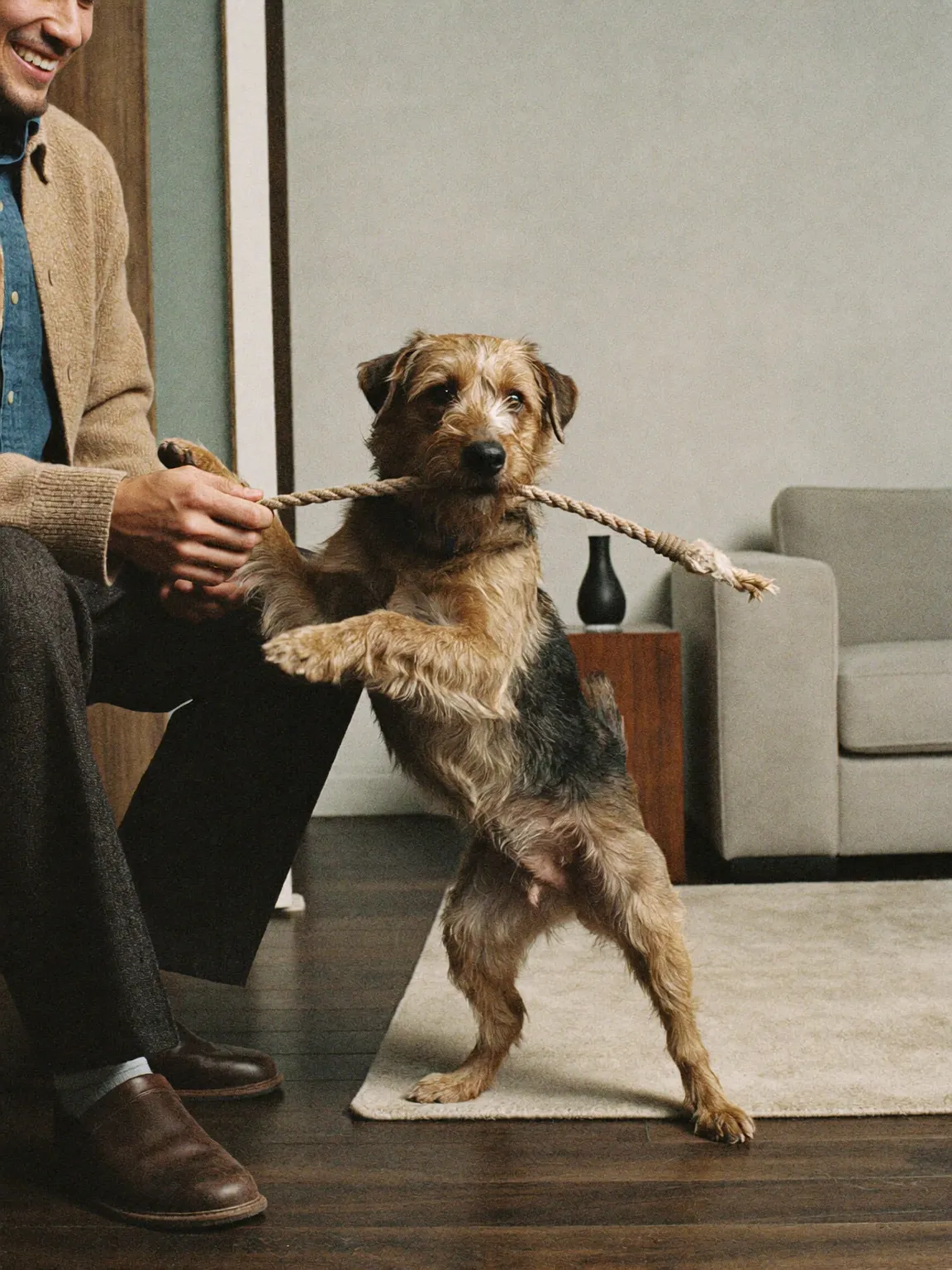 A terrier stands on its hind legs playing tug with a rope toy held by its owner.
