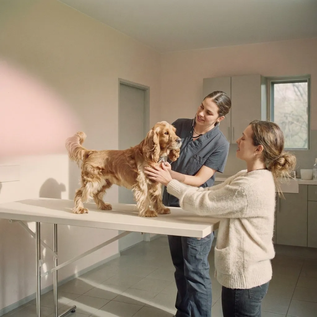 Two women gently settle a spaniel on a table in a bright, calm room.